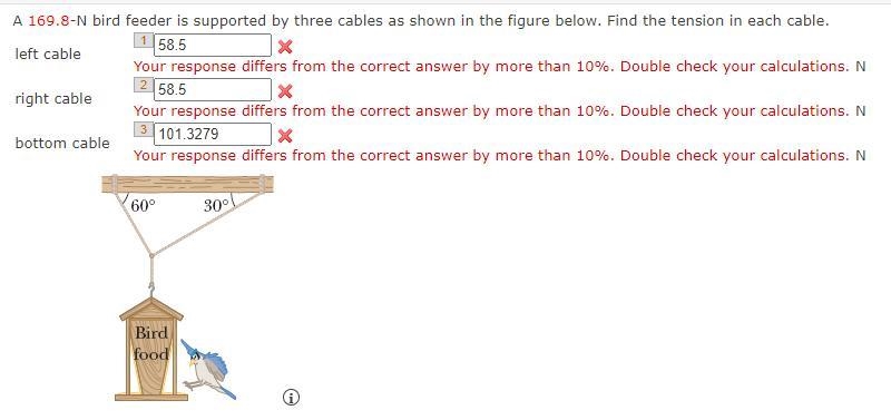 A 169.8-N bird feeder is supported by three cables as shown in the figure below. Find-example-1