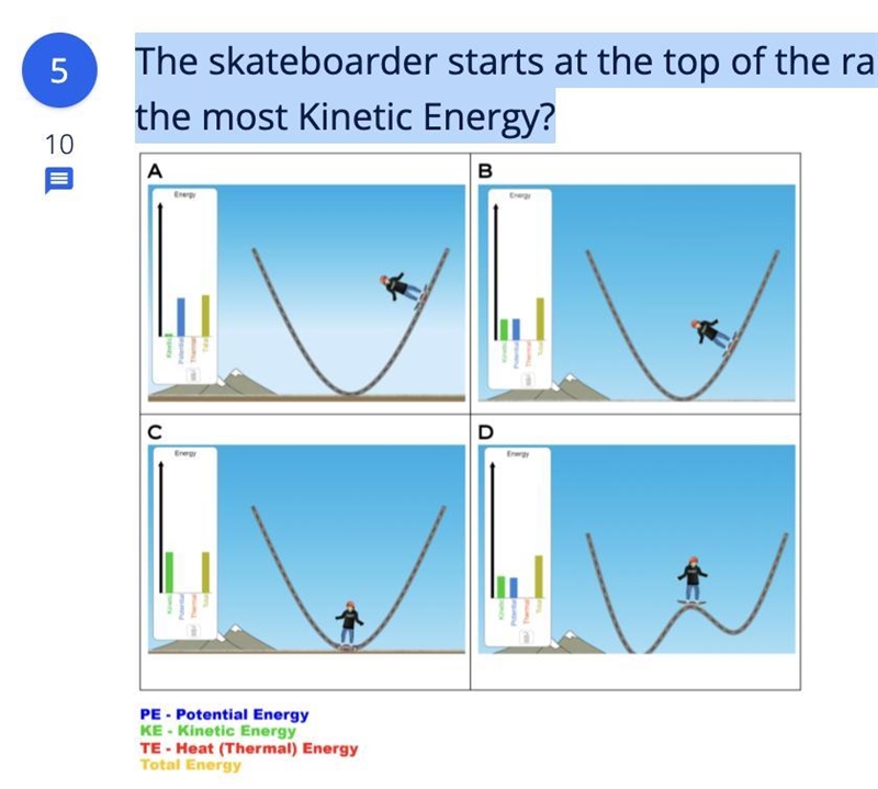 The skateboarder starts at the top of the ramps, and rolls down and back up the other-example-1