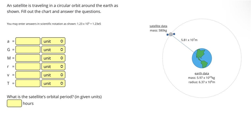 How do I solve this problem? Hint:To find the satellite's acceleration, speed and-example-1