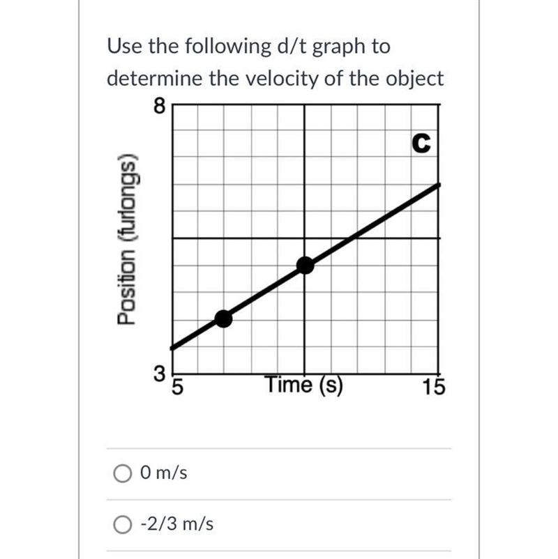 Use the following d/t graph to determine the velocity of the object-example-1