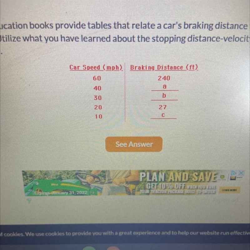 Many drivers' education books provide tables that relate a car's braking distance-example-1