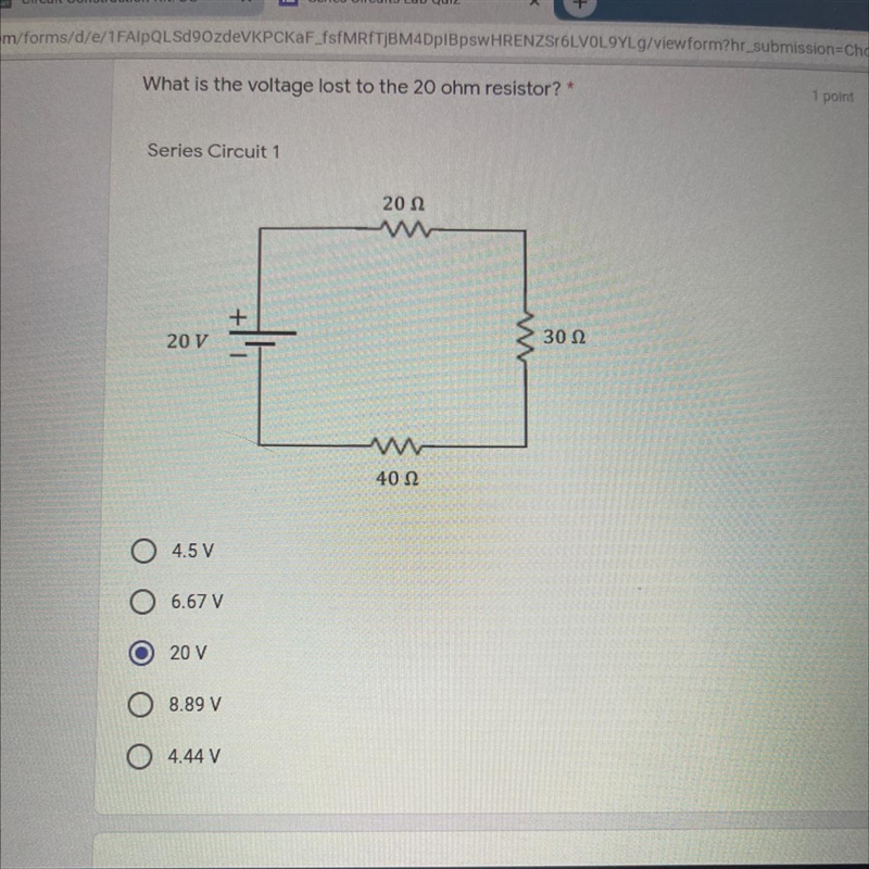 What is the voltage lost to the 20 ohm resistor?-example-1