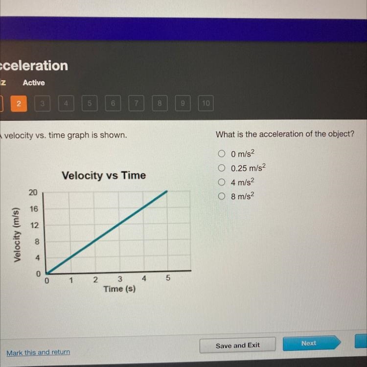 50 POINTS A velocity vs time graph is shown. What is the acceleration of the object-example-1