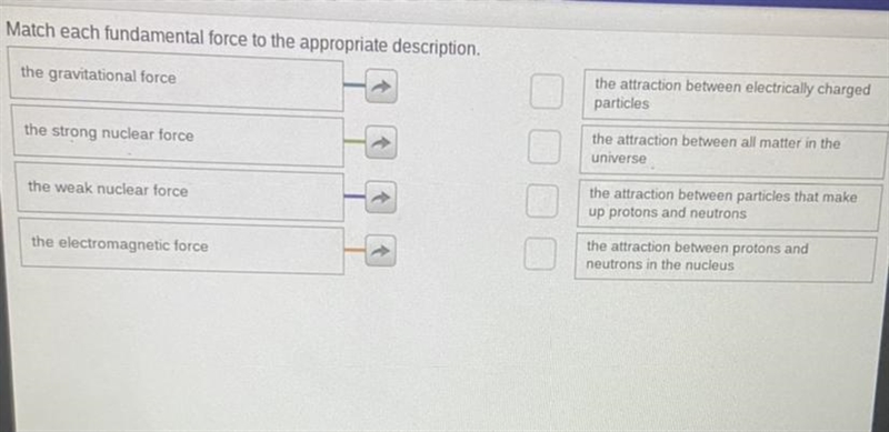 Match each fundamental force to the appropriate description.the gravitational forcethe-example-1