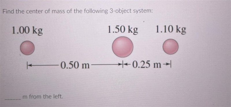 Find the center of mass of the following 3-object system:1.00 kg1.50 kg1.10 kg0.50 m-example-1