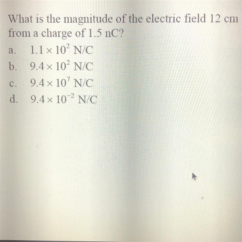 What is the magnitude of the electric field 12 cm from a charge of 1.5 nC?-example-1