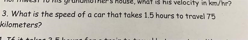 What is the speed of a car that takes 1.5 hours to travel 75 kilometers?-example-1