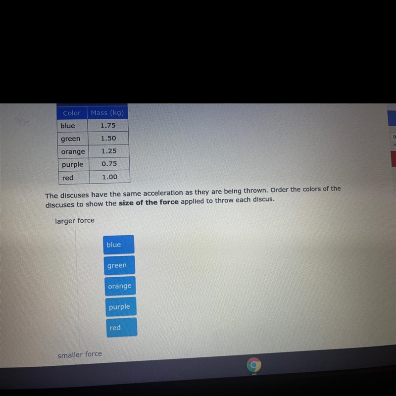 Order the colors of the discuses to show the size of the force applied to throw each-example-1
