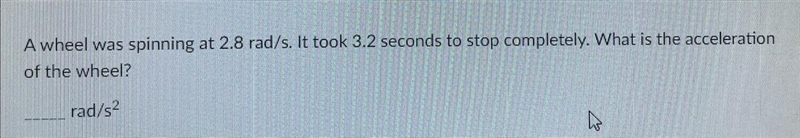 A wheel Was spinning at 2.8 rad/s. It took 3.2 seconds to stop completely. What is-example-1