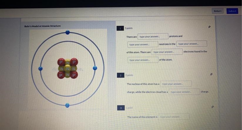 Help please!! There are ________ protons and _____neutrons in the_______ of this atom-example-1