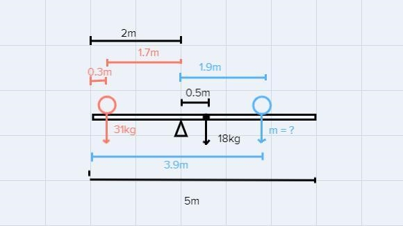 A see saw 5 m long with a mass of 18 kg has a 31 kg child seated 0.3 m from the left-example-1