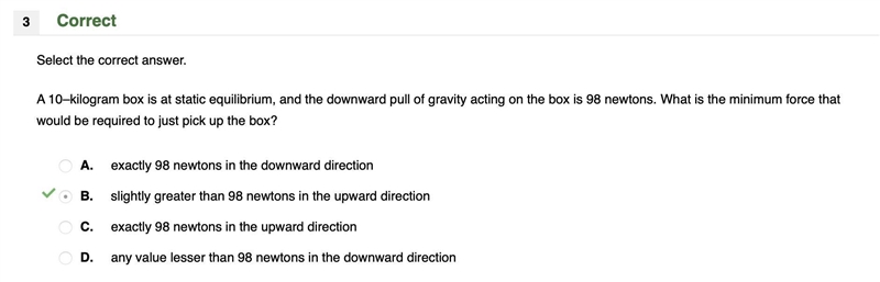 A 10–kilogram box is at static equilibrium, and the downward pull of gravity acting-example-1