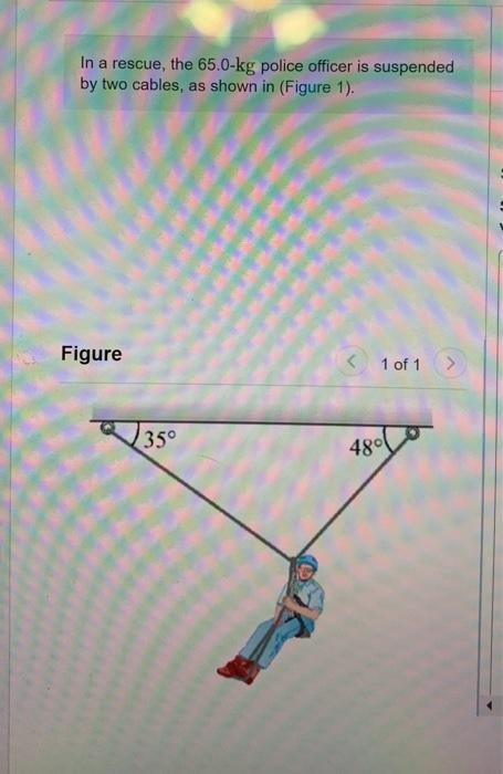 In a rescue, the 65.0-kg police officer is suspended by two cables, as shown in (Figure-example-1