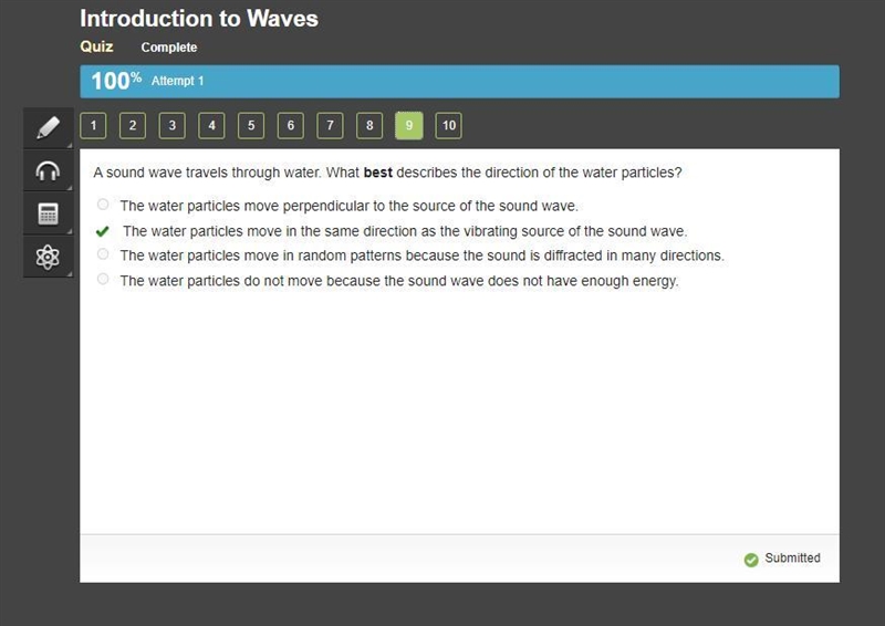 A sound wave travels through water. What best describes the direction of the water-example-1