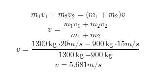 A 1300 kg car moving at 20 m/s and a 900 kg car moving at 15 m/s in precisely oppositedirections-example-1