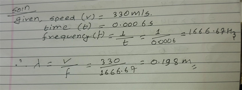 If the speed of a wave is 330m/s and the period of a wave is 0.0006s what is the wavelength-example-1