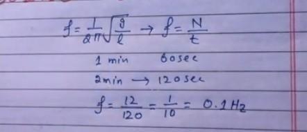 If the pendulum completes exactly 12 cycles in 2.0 minutes, what is the frequency-example-1