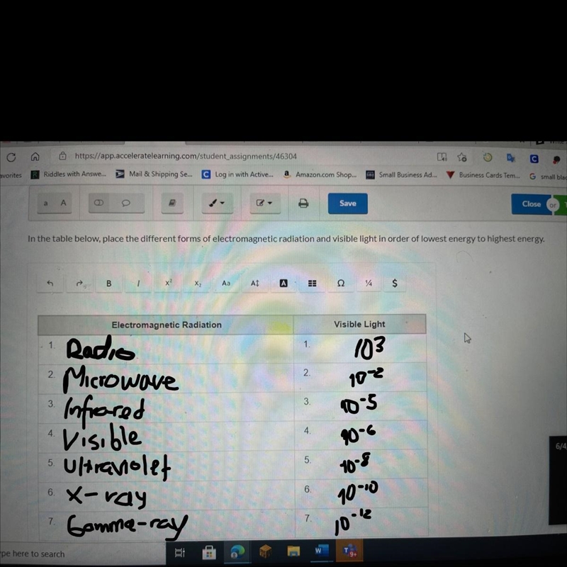 In the table below place the different forms of electromagnetic radiation and visible-example-1