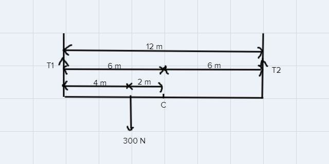 A massless scaffold is held up by a wire at each end. The scaffold is 12 m long. A-example-1