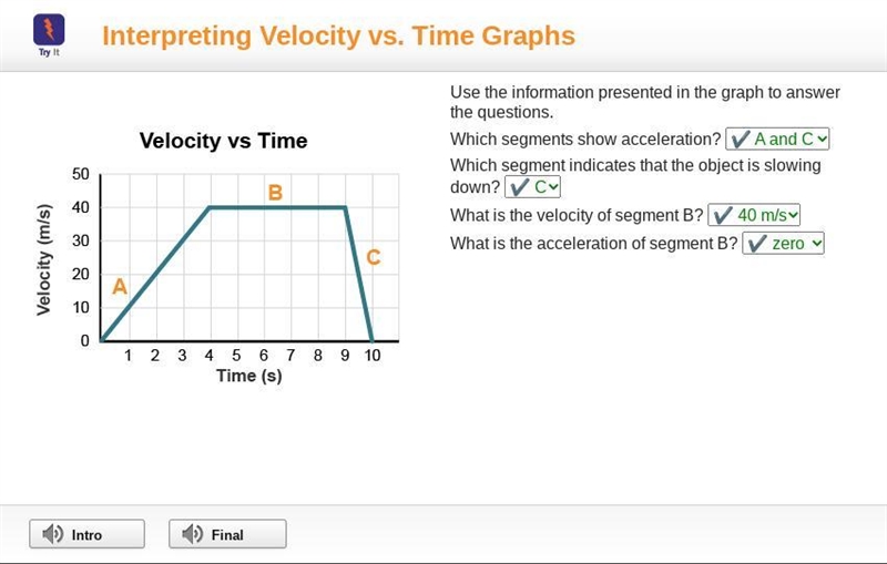 Velocity (m/s) 50 40 30 20 10 0 A Velocity vs Time B C 1 2 3 4 5 6 7 8 9 10 Time (s-example-1