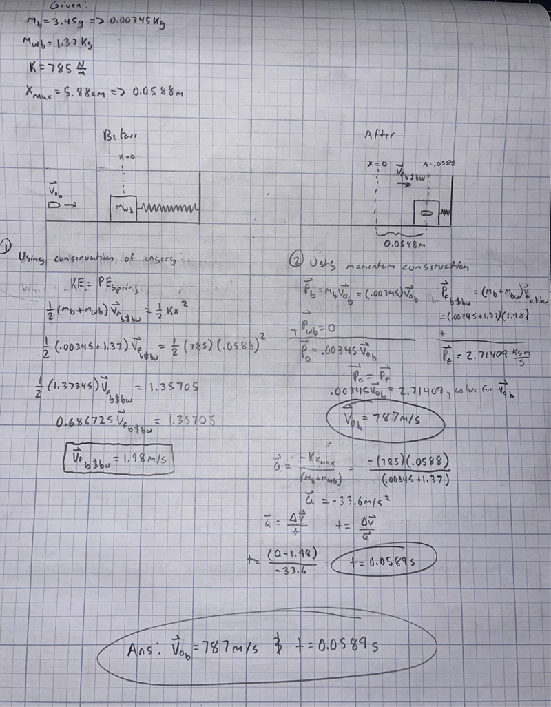 A 3.45-g bullet embeds itself in a 1.37-kg block, which is attached to a spring of-example-1