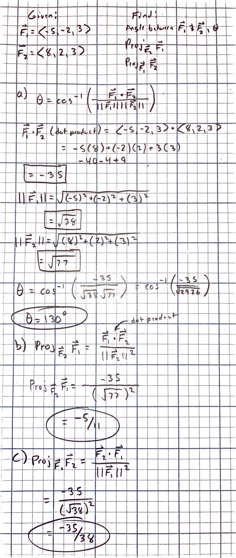 Given the following two (2) force vectors F₁-5i-2j+3k [N] and F2= 8i+2j+3k [N], find-example-1