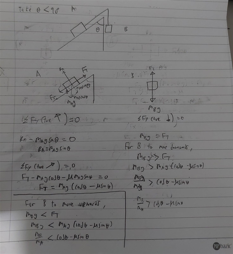 What is the condition for block b to move downwards A) mb/ma > sin theta - mew-example-1