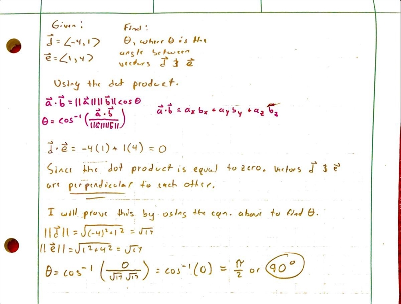 The vectors d and e are [-4,1] and [1,4] respectively .find the angle b/n and e (Use-example-1