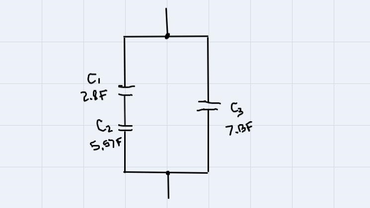 Three capacitors are connected as follows: 2.8 F capacitor and 5.57 F capacitor are-example-1