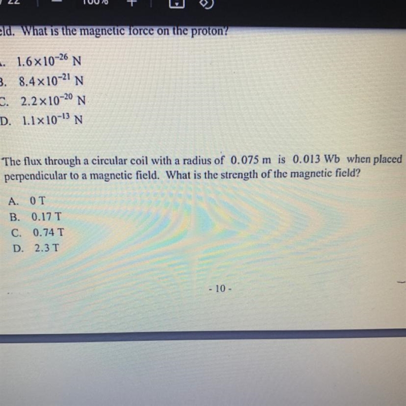 The flux through a circular coil with radius of 0.075 m is 0.013 Wb when placed perpendicular-example-1