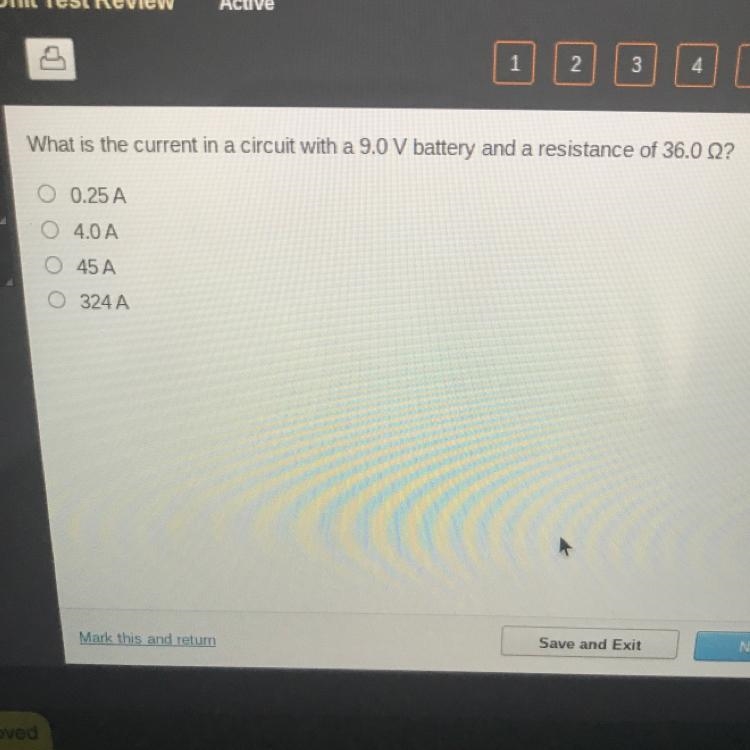 What is the current in a circuit with a 9.0V battery and a resistance of 36.00?O 0.25 A-example-1