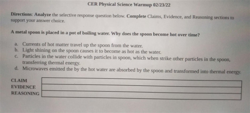 A metal spoon is placed in a pot of boiling water. Why does the spoon become hot over-example-1