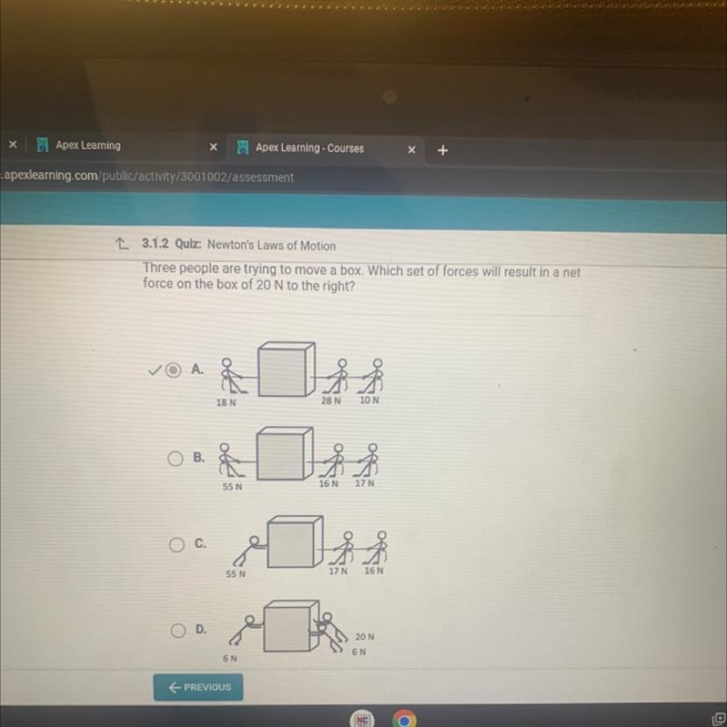 Three people are trying to move a box. Which set of forces will result in a net force-example-1