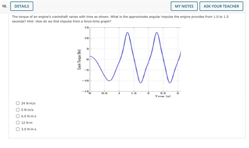 The torque of an engine's crankshaft varies with time as shown. What is the approximate-example-1