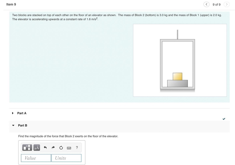 Two blocks are stacked on top of each other on the floor of an elevator as shown. The-example-1