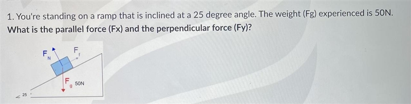 You're standing on a ramp that is inclined at a 25 degree angle. The weight (Fg) experienced-example-1