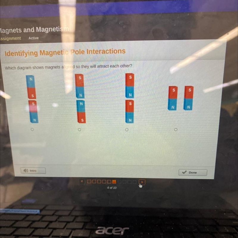 Which diagram shows magnets aligned so they will attract each other?-example-1