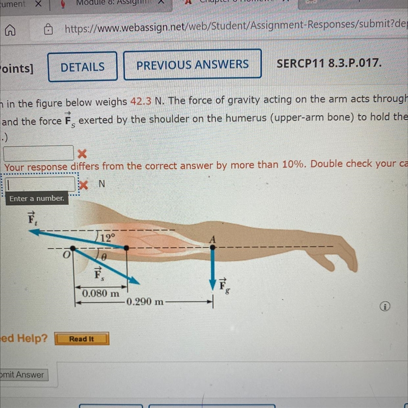 The arm in the figure below weighs 42.3 N. The force of gravity acting on the arm-example-1