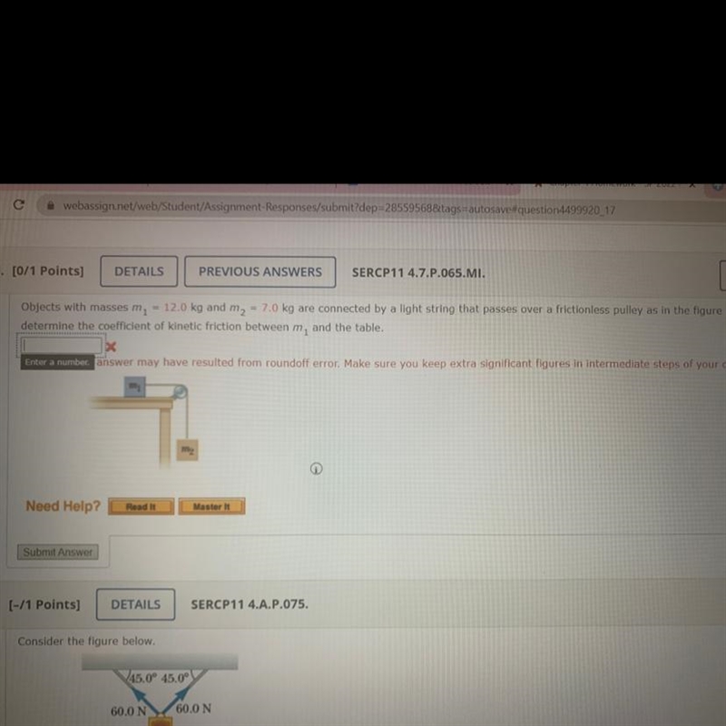 Objects with masses M1=12.0 kg and M2= 7.0 kg are connected by a light string that-example-1