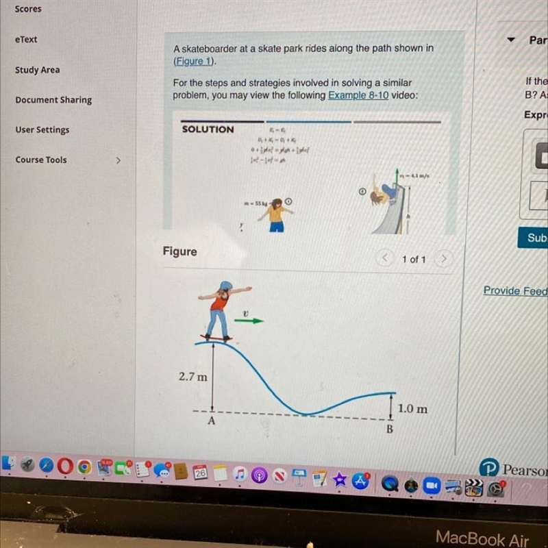 If the speed of the skateboarder at A is 1. 7 m/s what is her speed at point B?-example-1