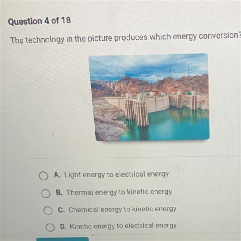 The technology in the picture produces which energy conversion? O A. Light energy-example-1