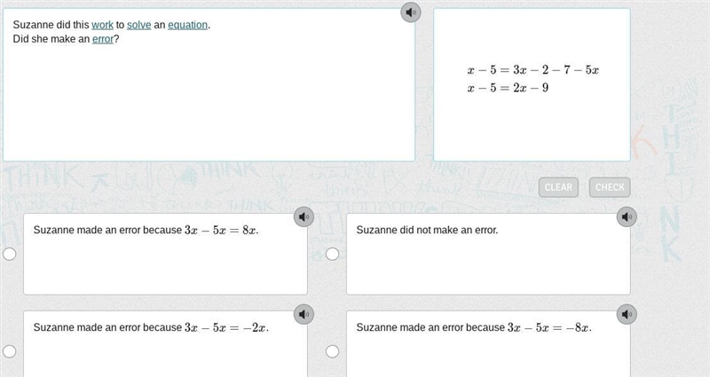 Hey i need help ! question: Suzanne did this work to solve an equation.Did she make-example-1