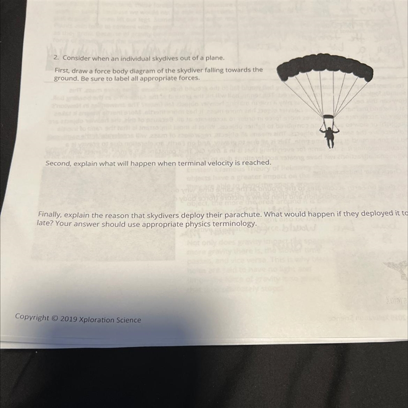 Consider when and individual skydives out of a plane. First, draw a force body diagram-example-1