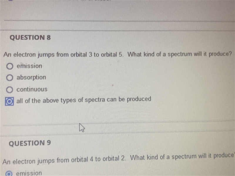 An electron jumps from orbital 3 to orbital 5. What kind of a spectrum will it produce-example-1