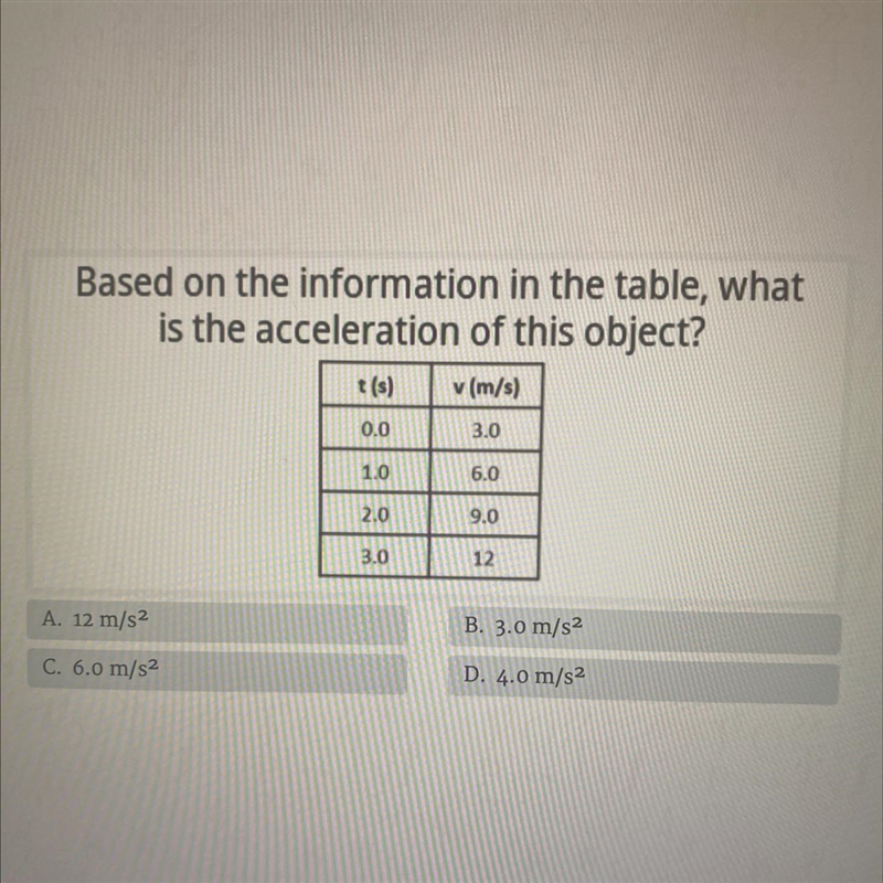 Based on the information in the table what is the acceleration of this object?-example-1