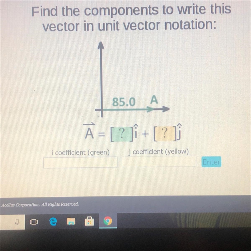 Find the components to write thisvector in unit vector notation:85.0АĀ= [ ? Ji + [? ]i-example-1