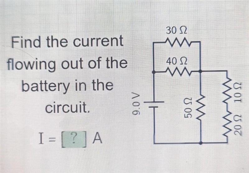 Find the current flowing out of the battery in the circuit. I = [?] A 9.0 V 30 ww-example-1