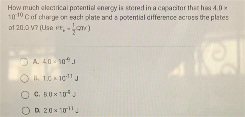 How much electrical potential energy is stored in a capacitor that has 4.0 x10^10 C-example-1