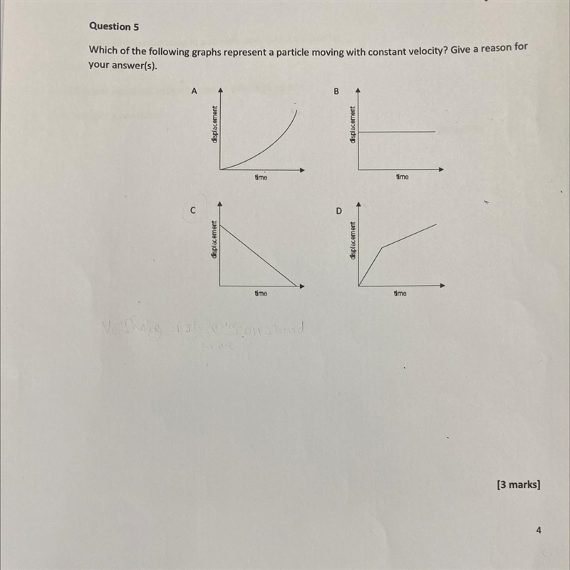 Question 5 Which of the following graphs represent a particle moving with constant-example-1