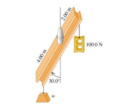 In (Figure 1) a 6.00-m-long, uniform beam is hanging from a point 1.00 m to the right-example-1